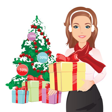 Smiling woman holding a gift in hands on the background of a Christmas tree and boxes / tamplate for sale, flat design, vector illustration