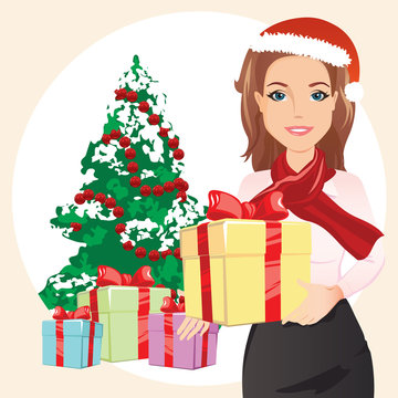 Cute woman in the red hat holding a gift in hands on the background of a Christmas tree and gifts / flat design, vector cartoon illustration
