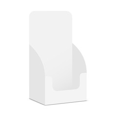 Cardboard pos display box isolated on white background - side view. Vector illustration