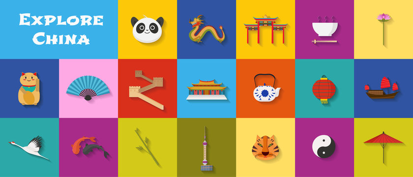 Set of icons with Chinese landmarks, architecture, food in vector