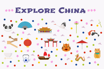 Obraz premium Travel to China vector icons set, background