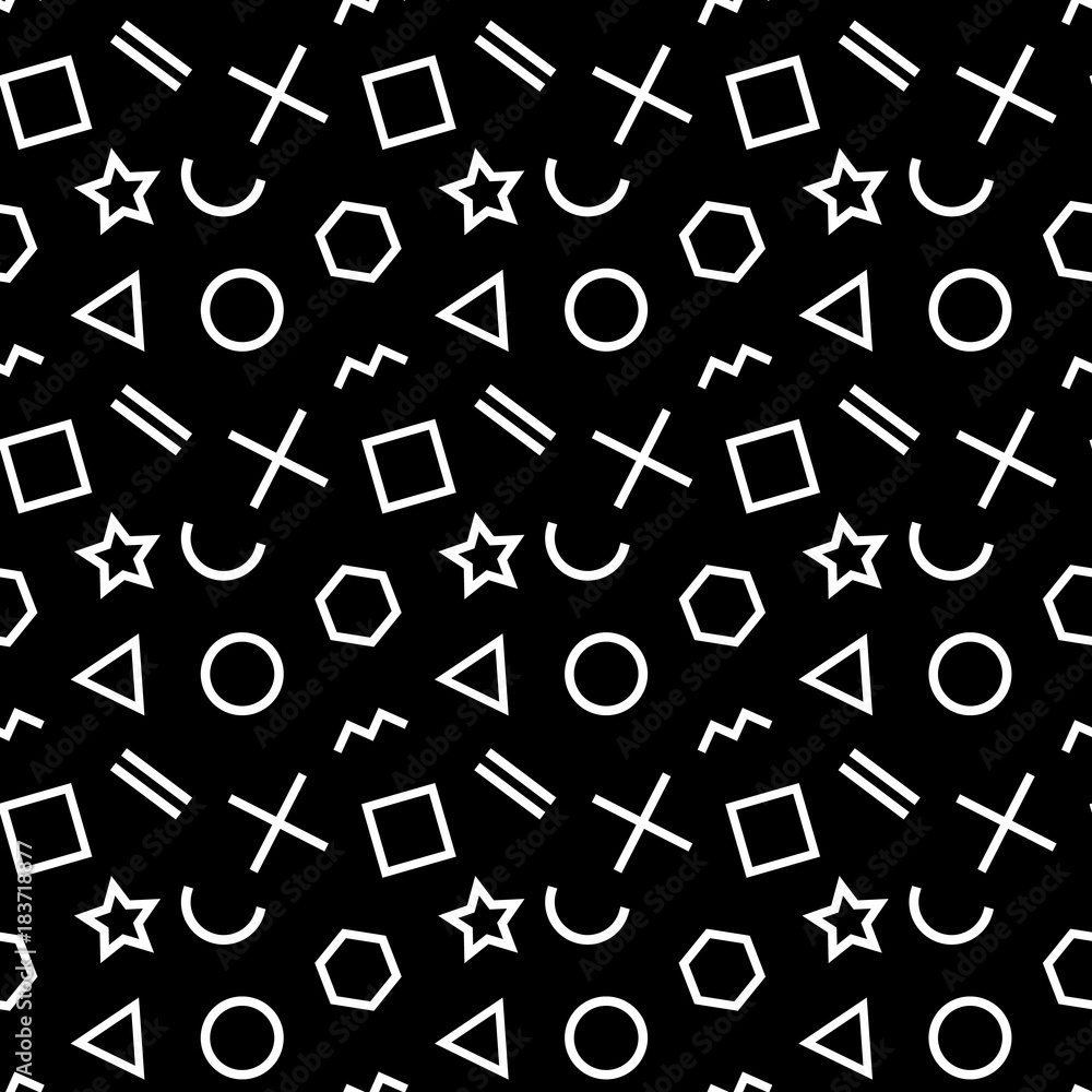Poster stylish seamless pattern of simple white geometric shapes on black background. modern abstract vecto