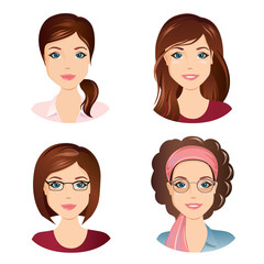 Different female hairstyles. For the girl, young adult, woman with brown hair / flat design, vector cartoon illustration