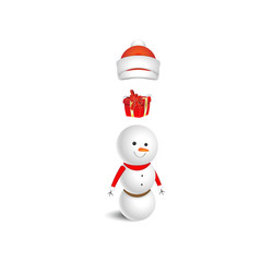 Snowman with a red Santa Claus hat and gift on a white background. A cartoon character for Christmas and New Year