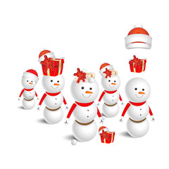 Set Snowmans with a red Santa Claus hat and gift on a white background. A cartoon character for Christmas and New Year
