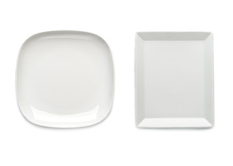 Two white plates of a square shape on a white background. View from above. Isolated..