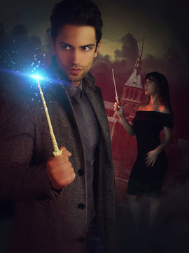 Book Cover For A Fantasy Novel With Two Wizards Holding A Magic Wand