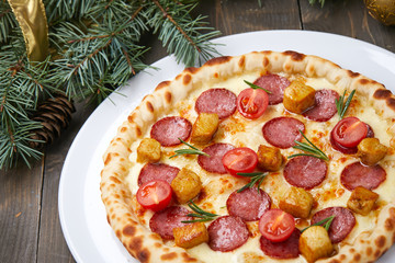 Christmas pizza on the wood board