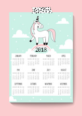 2018 New year calendar. Cute unicorn. Vector. A4
