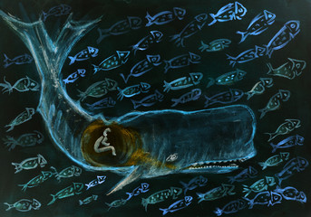 Obraz premium Jonasz i wieloryb w nocy w otoczeniu wielu ryb. Technika dabbingu daje efekt miękkiego ogniskowania ze względu na zmienioną chropowatość powierzchni papieru.
