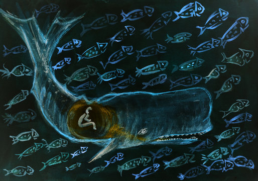 Jonah and the whale surrounded by many fishes during the night. The dabbing technique gives a soft focus effect due to the altered surface roughness of the paper.