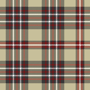 Seamless tartan plaid pattern. Checkered fabric texture print in beige, red, black and white. 