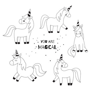 Unicorns. Vector illustration. Line sketch