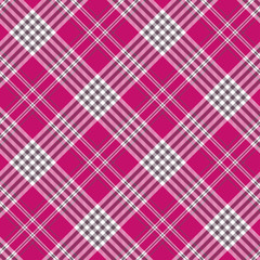 Seamless tartan plaid pattern. Checkered fabric texture print in bright fuchsia pink, grayish purple and white.
