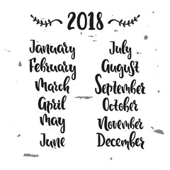 Vector hand drawn illustration. Months 2018 years. Poster, postcard. Lettering.