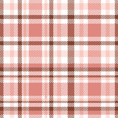Seamless tartan plaid pattern. Checkered fabric texture print in pastel palette of soft red, pale pink, chestnut brown and white. 