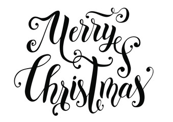 Handwritten decorative modern brush calligraphy of Merry Christmas with flourishes isolated on white background for postcard, greeting card, poster or sticker
