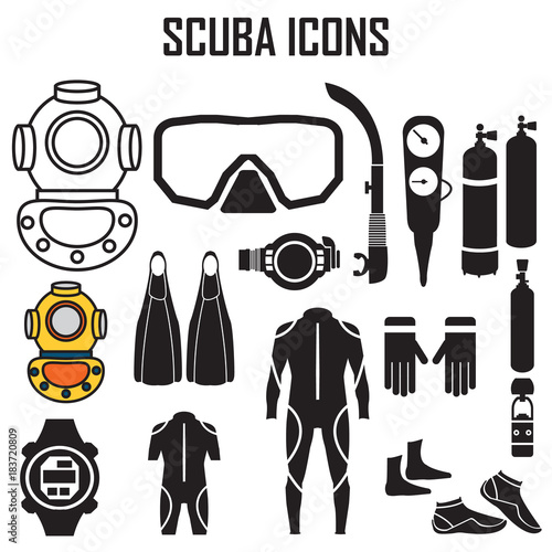 "scuba diving icons set vector, symbol mono simple pictogram" Stock image and royaltyfree