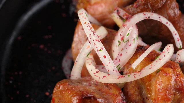 Traditional shashlik or shish kebab, Served in Georgian restaurant, close-up view, ProRes codec, 422 HQ