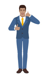 Businessman showing a call me sign and showing thumb up
