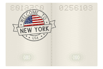 Naklejka na ściany i meble Passport pages with Welcome to New York, USA travel stamp