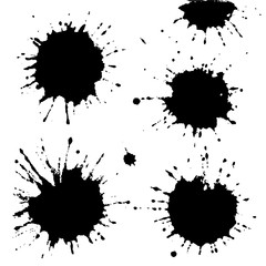 Black ink paint spots. Drops texture isolated on white background. Set for grunge splash textures. Vector illustration.