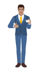 Businessman showing thumb up and showing the business card