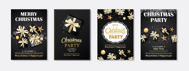 Merry christmas greeting card and party invitations on black background. Vector illustration element for happy new year flyer brochure design.