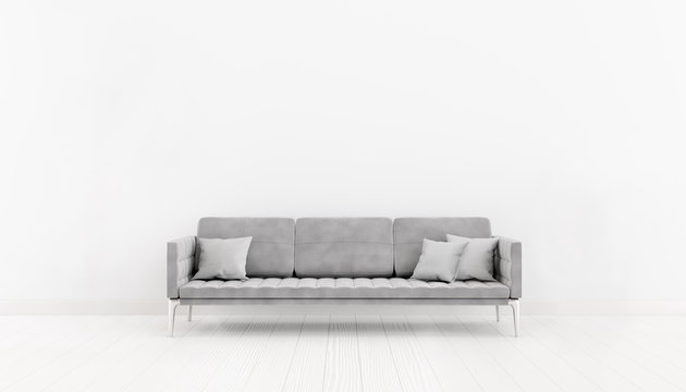 Neutral interior white room with a gray sofa and pillows. 3d illustration.