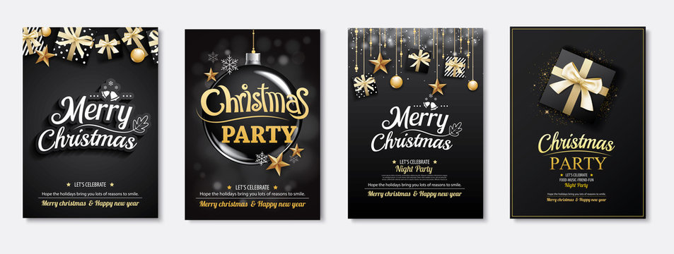 Merry christmas greeting card and party invitations on black background. Vector illustration element for happy new year flyer brochure design.