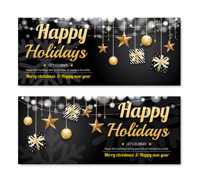 Greeting card merry christmas party poster banner design template on black background. Happy holiday and new year with gift box for voucher coupon theme concept.