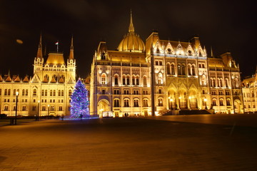 Budynek węgierskiego parlamentu w Budapeszcie, w nocy, podświetlony, choinka bożonarodzeniowa przed budynkiem - obrazy, fototapety, plakaty