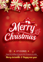 Merry christmas party and gift box for flyer brochure design on red background invitation theme concept. Happy holiday greeting banner and card template.