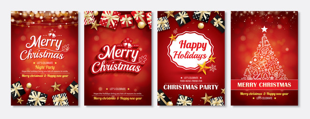 Merry christmas party glass ball and gift box for flyer brochure design on red background invitation theme concept. Happy holiday greeting banner and card template.