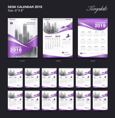 Fototapeta na wymiar Set Desk Calendar 2018 template design, purple cover, Set of 12 Months, Week start Sunday, business brochure flyer, annual report, corporate layout, printing media, advertisement, publication