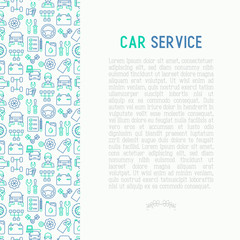 Car service concept with thin line icons of mechanic, computer diagnostics, tools, wheel, battery, transmission, jack. Modern vector illustration for banner, web page, print media.