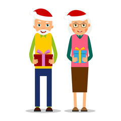 Сhristmas elderly. Older couple with presents for Christmas. Grandmother and grandfather stand together and hold in hands gifts. Illustration in flat style. Isolated. Vector