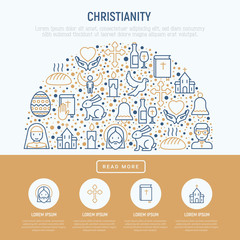 Christianity concept in half circle with thin line icons of priest, church, nun, crucifixion, Jesus, bible, dove. Vector illustration for banner, web page, print media.