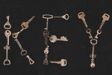 Fototapeta na wymiar top view of metal keys forming word isolated on black