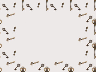 top view of different metal keys frame isolated on white