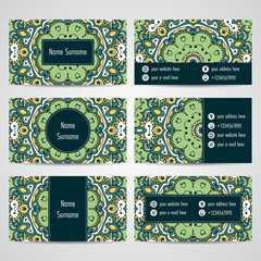 Set of business cards with floral mandala ornaments. Vector illustration