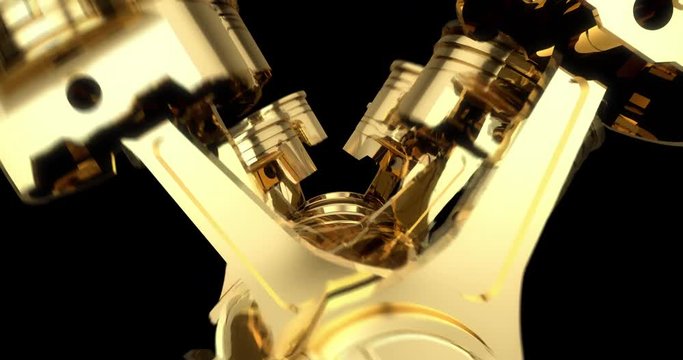 Slow Motion Close Up Working Gold Colored V8 Engine Animation - Loop