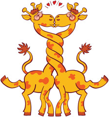 Giraffes in love, intertwining their long necks and kissing passionately. They are clenching their eyes and raising their legs and tails. Red hearts are shown above their heads