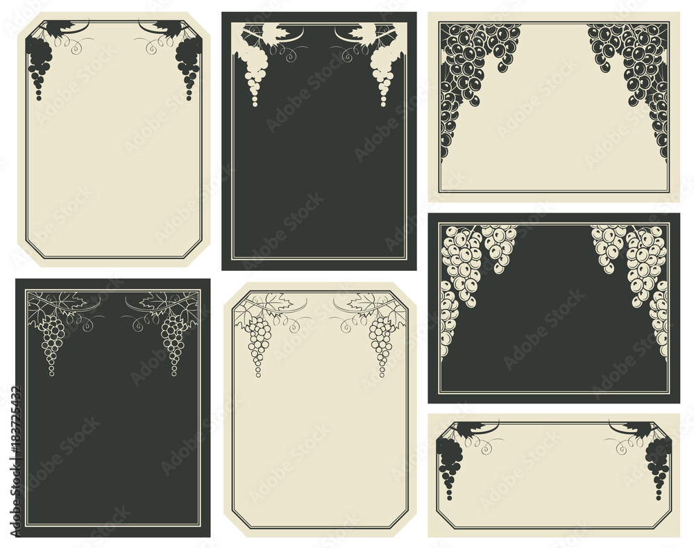 Poster vector set of labels with frames, vines and bunches of grapes in retro style. background for text wi
