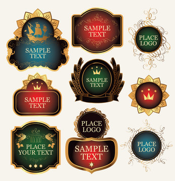 Set of vector colored ornate label templates in the Baroque style in curly gold frames on a white background