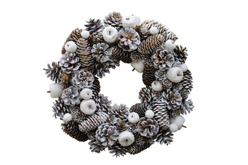 Christmas wreath of cones and apples, New Year's decorations. Isolated, white background.