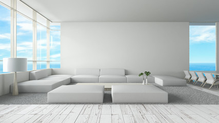 Naklejka na ściany i meble Modern interior living room wood floor sofa set sea view summer 3d rendering