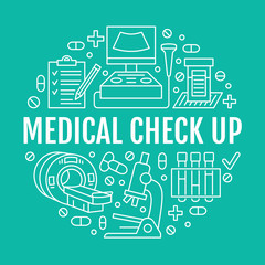 Fototapeta na wymiar Medical check up poster template. Vector flat line icons, illustration of health care center equipment, mri, ultrasound, blood test, microscope. Healthcare, diagnostics clinic banner.
