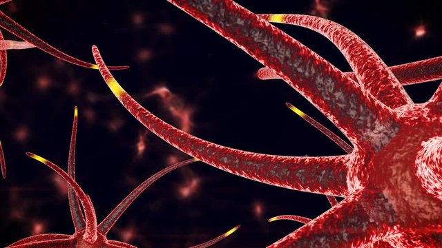 A stunning 3d rendering of yellow neurons through tentacle looking purple tubes of some octopus in the black background. The neurons move simultaneously when some stimulus appears.  