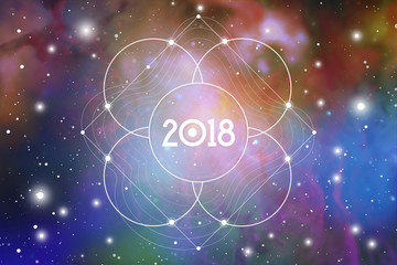 Cosmic Astrological New Year 2018 Greeting Card or Calendar Cover with Flower of Life Sacred Geometry Art and Golden Ratio Digits on Space Background.